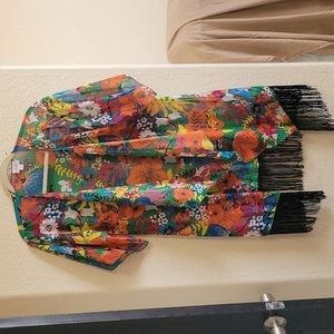 Colorful Floral Cover Up Short Sleeve Cardigan w/ Black Fringe S